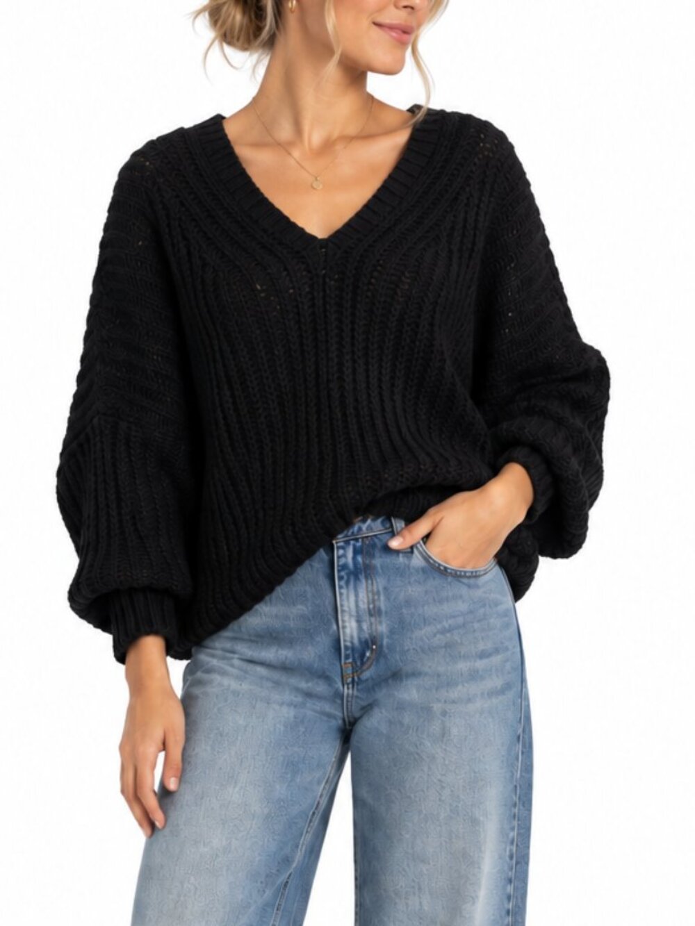 Free People Infinite V-Neck Chunky Open Knit Oversized Black Sweater Size XS